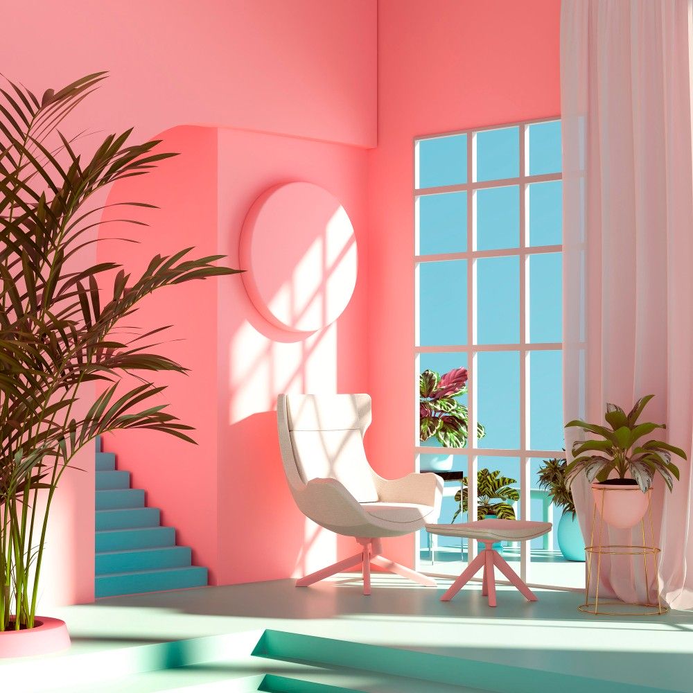 różowy salon w stylu retro